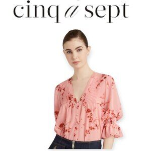 XS Cinq a Sept Jennings Pink Floral Fairycore Romantic Lightweight Pintuck Top